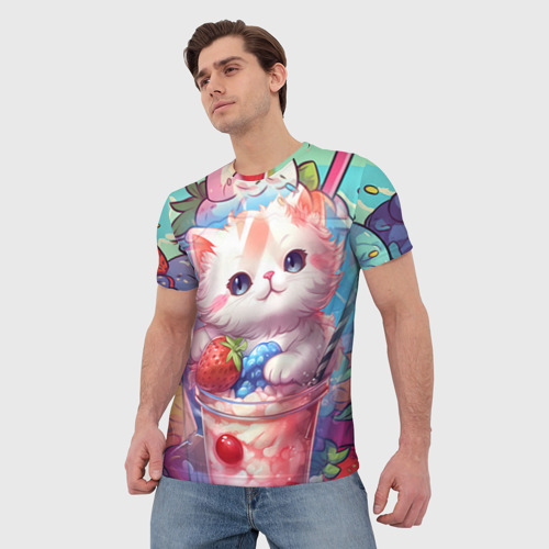 Мужская футболка 3D с принтом Котик в  фруктовом мороженом, фото на моделе #1
