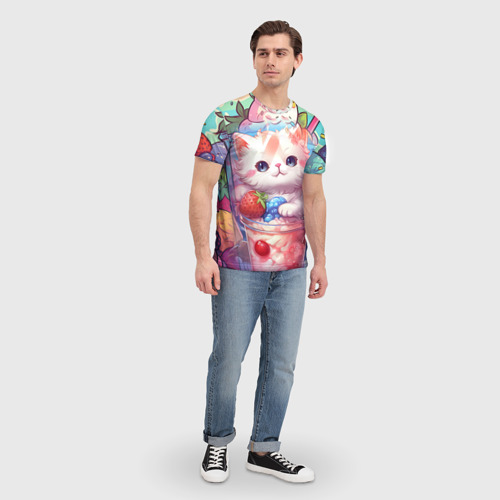 Мужская футболка 3D с принтом Котик в  фруктовом мороженом, вид сбоку #3