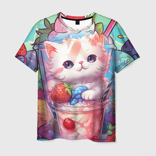 Мужская футболка 3D с принтом Котик в  фруктовом мороженом, вид спереди #2