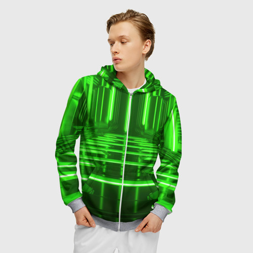 Мужская толстовка 3D на молнии с принтом Зеленые световые объекты, фото на моделе #1