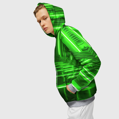 Мужская толстовка 3D на молнии с принтом Зеленые световые объекты, вид сбоку #3