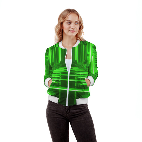 Женский бомбер 3D с принтом Зеленые световые объекты, фото на моделе #1