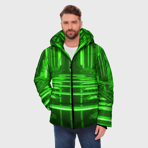 Мужская зимняя куртка 3D с принтом Зеленые световые объекты, фото на моделе #1