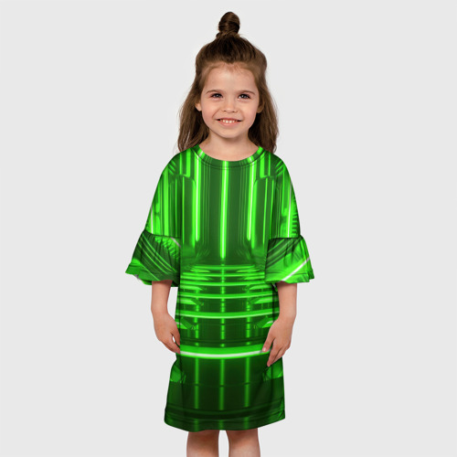 Детское платье 3D с принтом Зеленые световые объекты, вид сбоку #3
