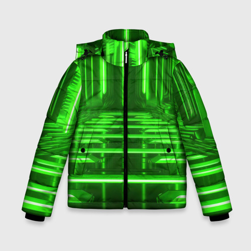 Зимняя куртка для мальчиков 3D с принтом Зеленые световые объекты, вид спереди #2