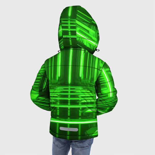 Зимняя куртка для мальчиков 3D с принтом Зеленые световые объекты, вид сзади #2