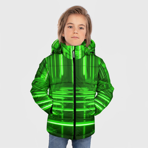 Зимняя куртка для мальчиков 3D с принтом Зеленые световые объекты, фото на моделе #1