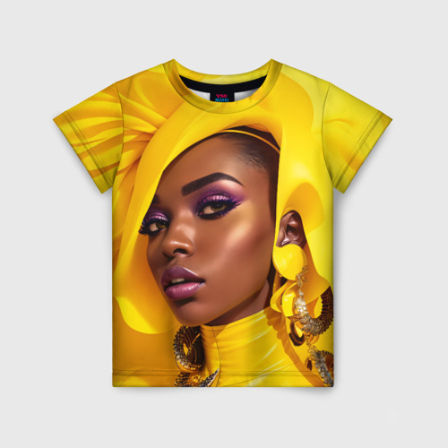 Детская футболка 3D с принтом Девушка в жёлтом балахоне, вид спереди #2