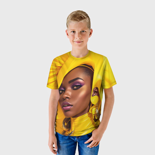 Детская футболка 3D с принтом Девушка в жёлтом балахоне, фото на моделе #1