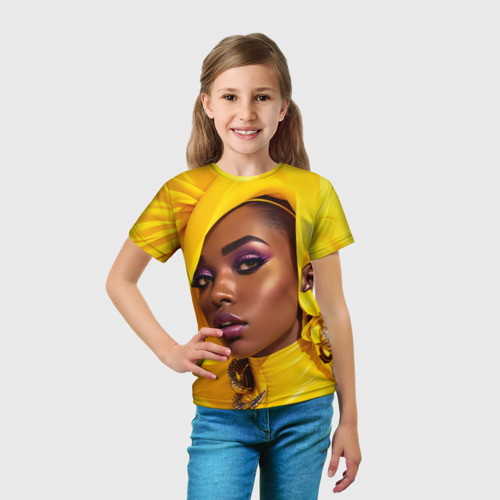 Детская футболка 3D с принтом Девушка в жёлтом балахоне, вид сбоку #3