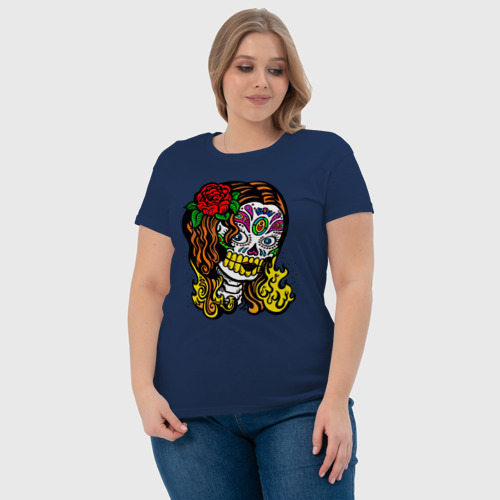 Женская футболка хлопок Женский череп с волосами, цвет темно-синий - фото 6