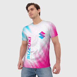Мужская футболка 3D Suzuki neon gradient style: надпись, символ - фото 2