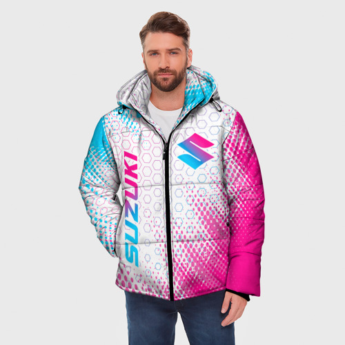 Мужская зимняя куртка 3D с принтом Suzuki neon gradient style: надпись, символ, фото на моделе #1