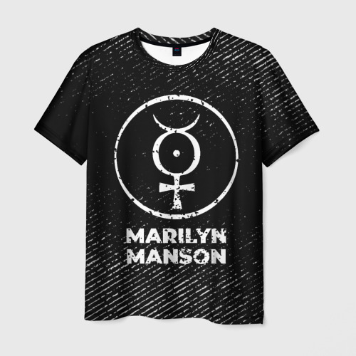 Мужская футболка с принтом Marilyn Manson с потертостями на темном фоне, вид спереди №1