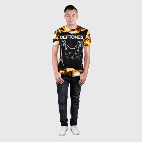 Мужская футболка 3D Slim с принтом Deftones рок кот и огонь, вид сбоку #3