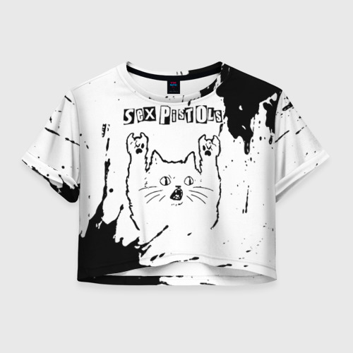 Женская футболка Crop-top 3D Sex Pistols рок кот на светлом фоне, цвет 3D печать