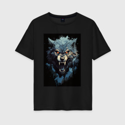 Женская футболка хлопок Oversize Серый волк и синии брызги