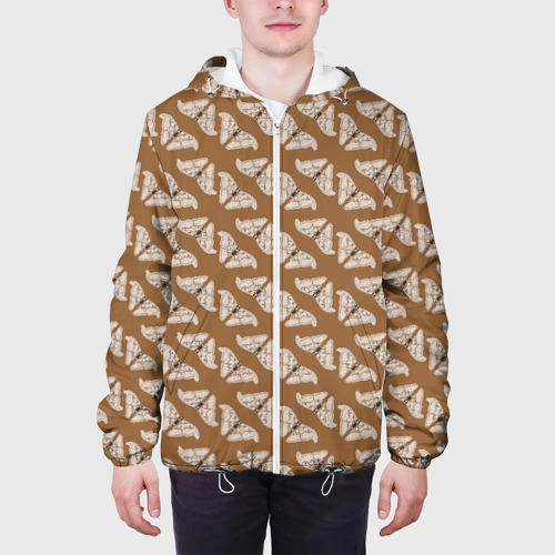 Мужская куртка 3D с принтом Павлиноглазка атлас паттерн на коричневом фоне, вид сбоку #3
