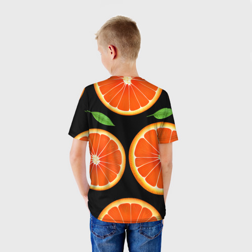 Детская футболка 3D с принтом Апельсины в разрезе, вид сзади #2
