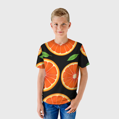 Детская футболка 3D с принтом Апельсины в разрезе, фото на моделе #1