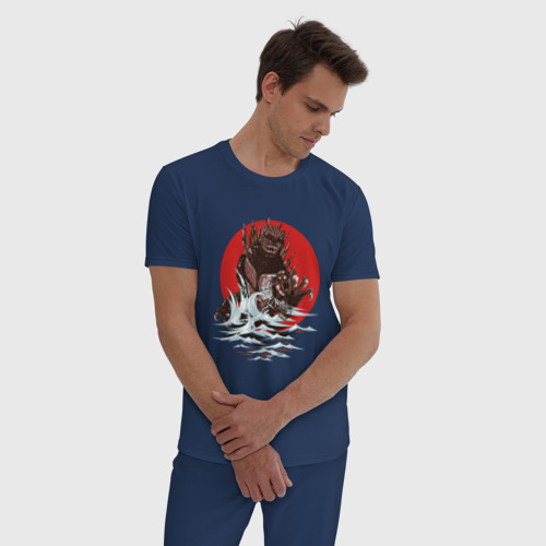 Мужская пижама хлопок Годзилла и волны, цвет темно-синий - фото 3