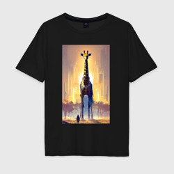 Мужская футболка хлопок Oversize Жираф в большом городе - фантазия - Нью-Йорк