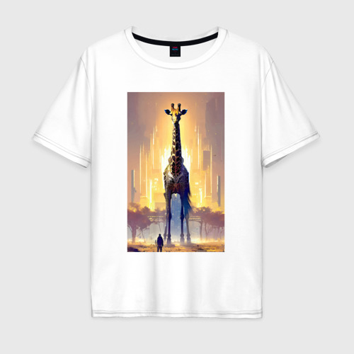 Мужская футболка из хлопка оверсайз с принтом Жираф в большом городе - фантазия - Нью-Йорк, вид спереди №1