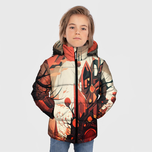 Зимняя куртка для мальчиков 3D с принтом Красный город, фото на моделе #1