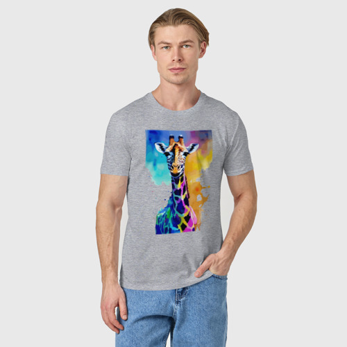 Мужская футболка хлопок с принтом Маленький жирафёнок - Африка - акварель, фото на моделе #1