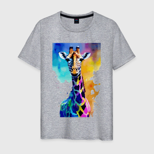 Мужская футболка хлопок с принтом Маленький жирафёнок - Африка - акварель, вид спереди #2