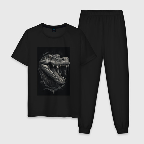 Мужская пижама хлопок Крокодил стиль тату, цвет черный