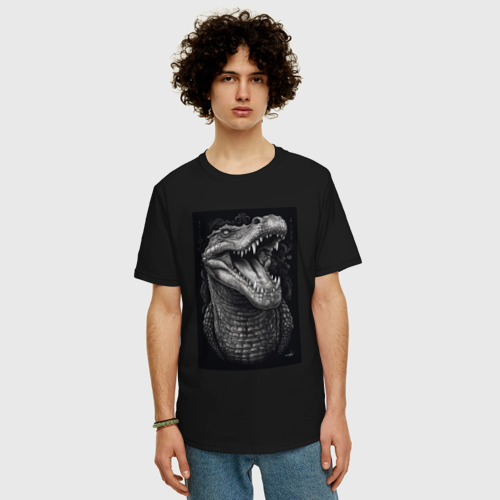 Мужская футболка хлопок Oversize с принтом Крокодил острые зубы, фото на моделе #1