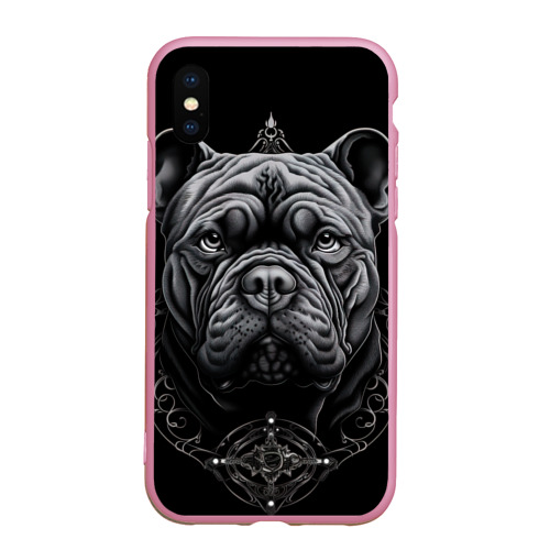 Чехол для iPhone XS Max матовый Морда бульдога стиль тату, цвет розовый
