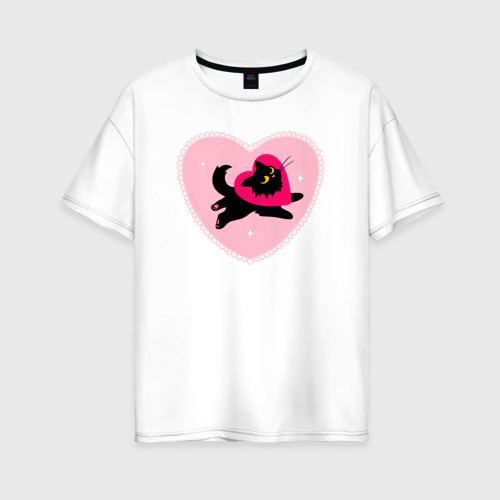 Женская футболка оверсайз из хлопка с принтом Черная кошка любви, вид спереди №1