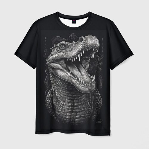 Мужская футболка с принтом Крокодил стиль тату, вид спереди №1