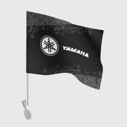 Флаг для автомобиля Yamaha Speed на темном фоне со следами шин: надпись и символ