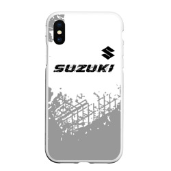 Чехол для iPhone XS Max матовый Suzuki Speed на светлом фоне со следами шин: символ сверху