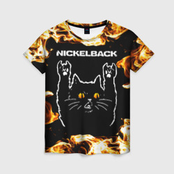 Женская футболка 3D Nickelback рок кот и огонь