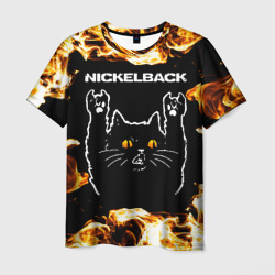 Мужская футболка 3D Nickelback рок кот и огонь