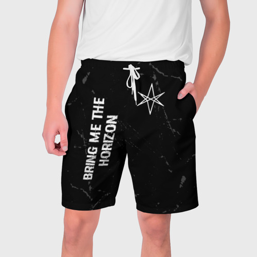 Мужские шорты 3D с принтом Bring Me the Horizon glitch на темном фоне: надпись, символ, вид спереди #2