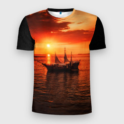 Мужская футболка 3D Slim Яхта в вечернем море