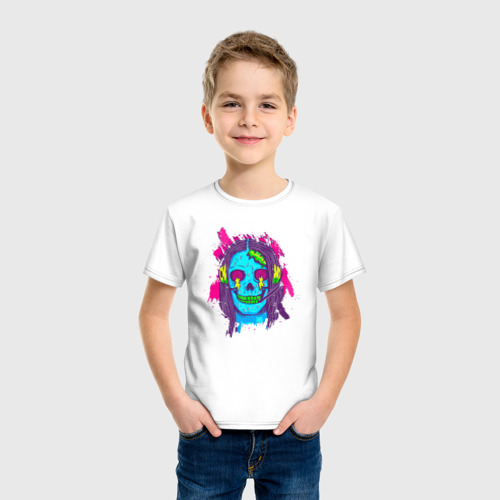 Детская футболка хлопок Blue skull with headphones, цвет белый - фото 3
