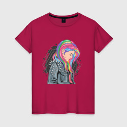 Женская футболка хлопок Девушка рокерша с разноцветными волосами
