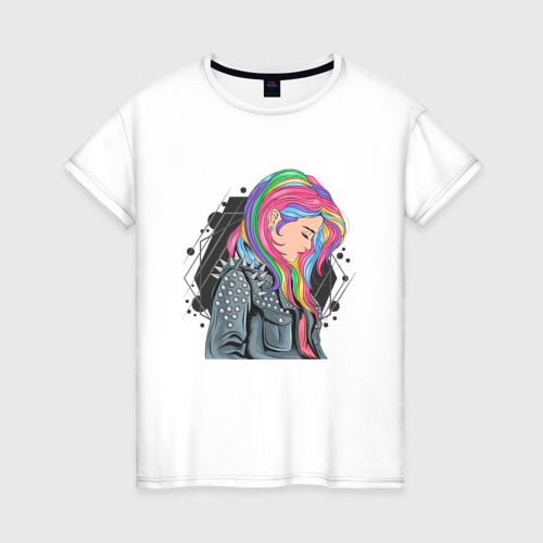Женская футболка из хлопка с принтом Девушка рокерша с разноцветными волосами, вид спереди №1