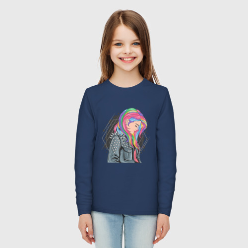 Детский лонгслив хлопок Девушка рокерша с разноцветными волосами, цвет темно-синий - фото 5