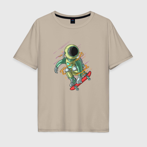 Мужская футболка хлопок Oversize с принтом Космонавт катается на скейте, вид спереди #2