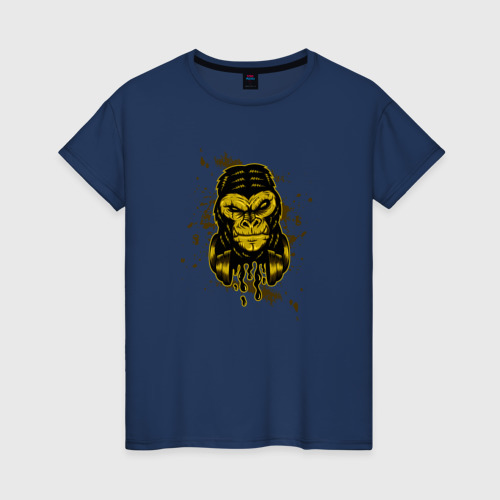 Женская футболка хлопок с принтом Крутая горилла с наушниками, вид спереди #2