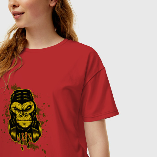 Женская футболка хлопок Oversize Крутая горилла с наушниками, цвет красный - фото 3