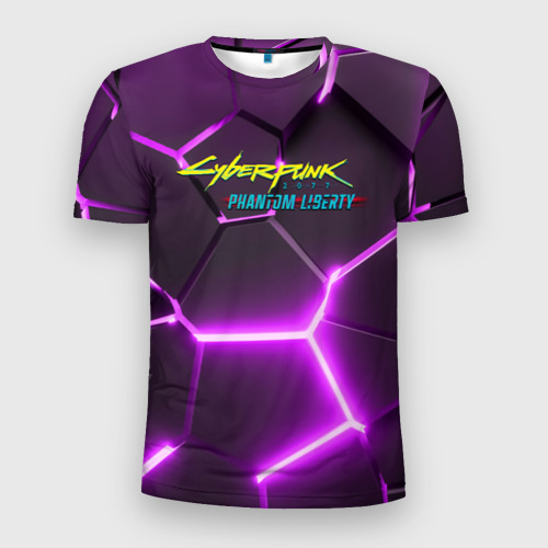 Мужская футболка 3D Slim с принтом Киберпанк призрачная свобода фиолетовый неон, вид спереди #2