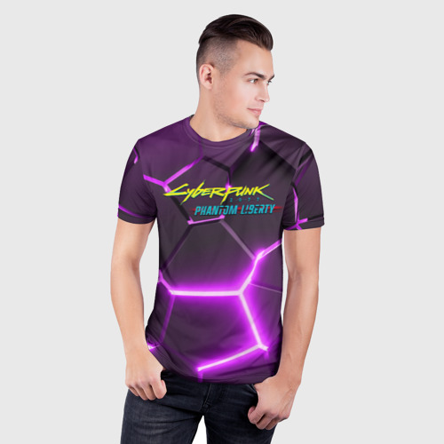 Мужская футболка 3D Slim с принтом Киберпанк призрачная свобода фиолетовый неон, фото на моделе #1
